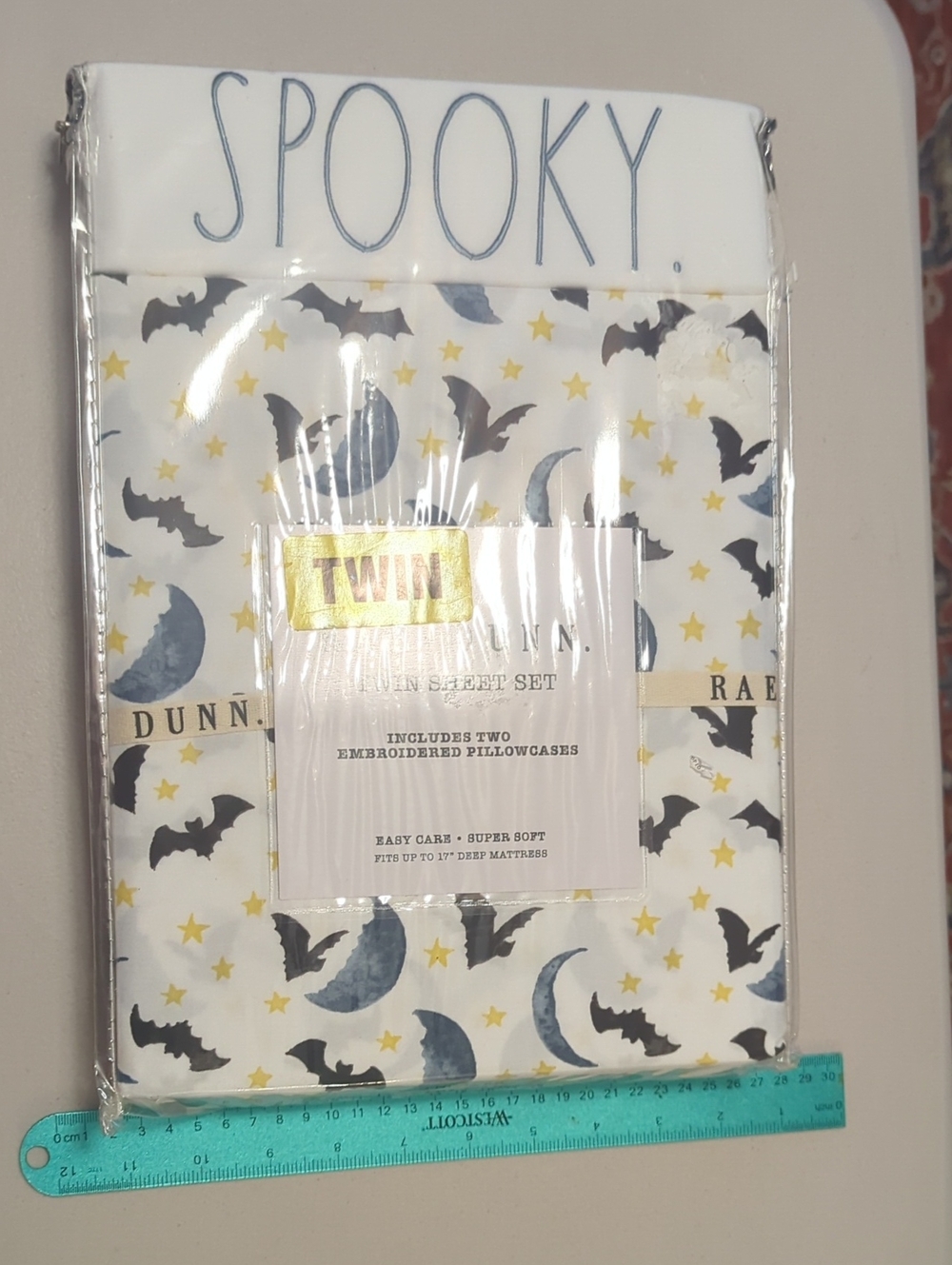 Rae Dunn Spooky Sheet Set - White with Moon & Bat Print